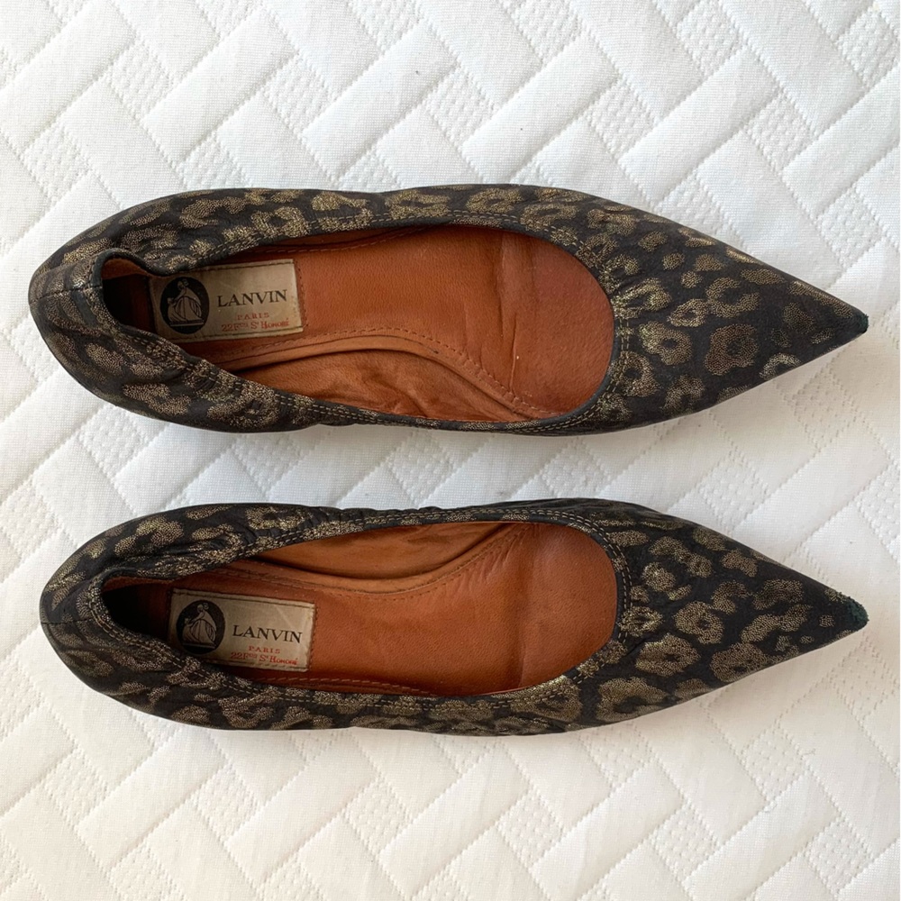 LANVIN Gold and Brown/Black Brocade Heeled Flats